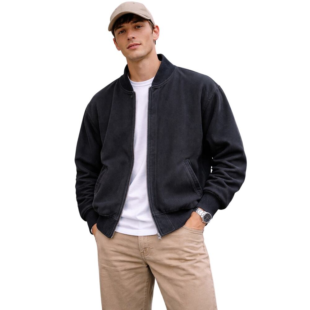 Aberdeen Collection Waffle Knit Zip Jacket Black Men’s L Vintage 1990s